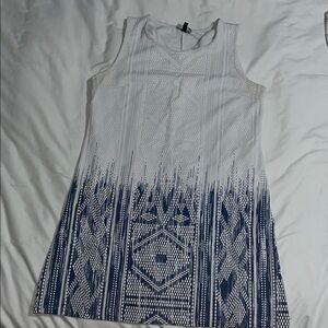 Sleeveless White & Navy Patterned A-Line Dress
